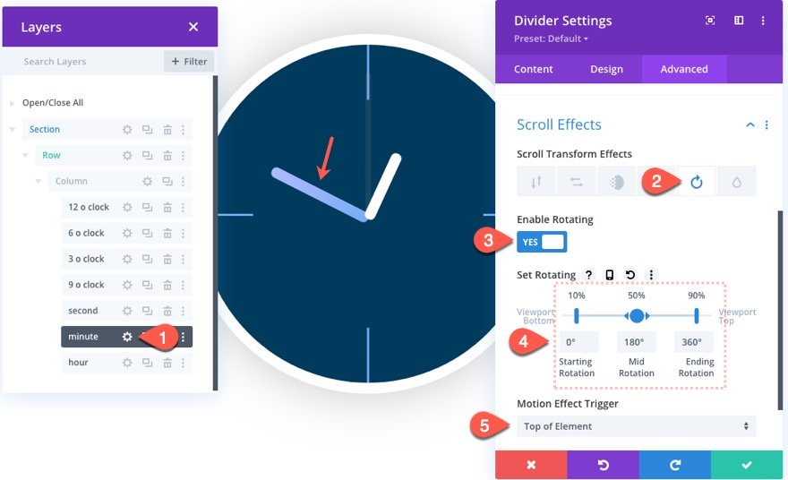 divi animated clock scroll effect