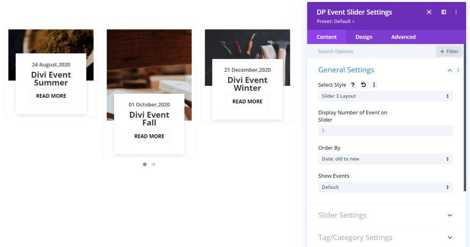 Divi Event Slider