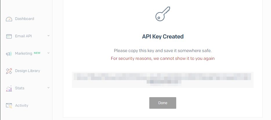 Copying your new SendGrid API key.