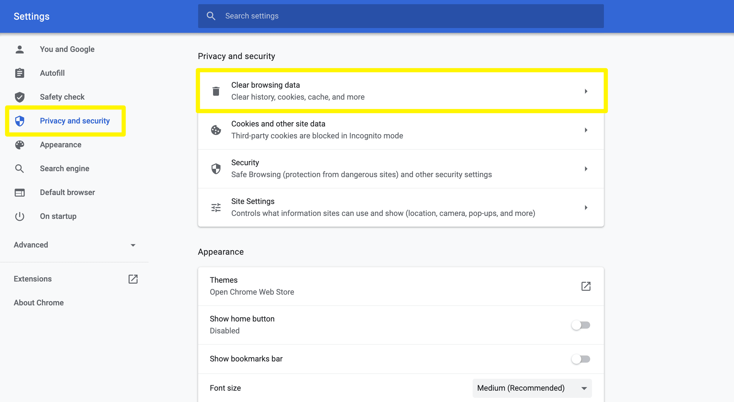 Chrome's privacy and security settings.