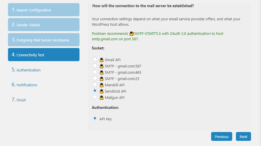 Configuring Post SMTP to use SendGrid.