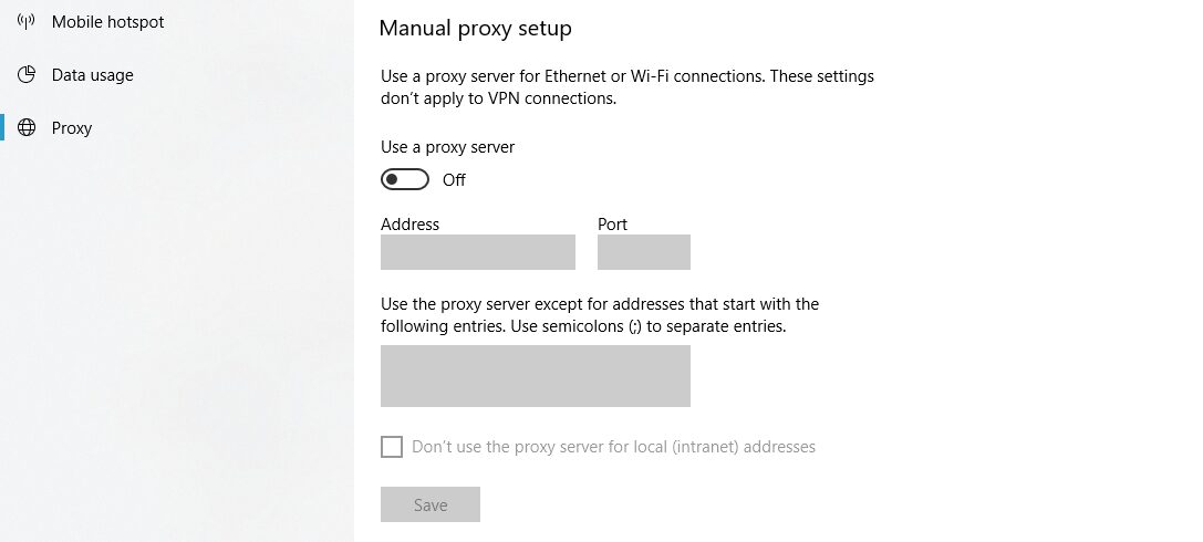 Configuring Windows to use a proxy server.