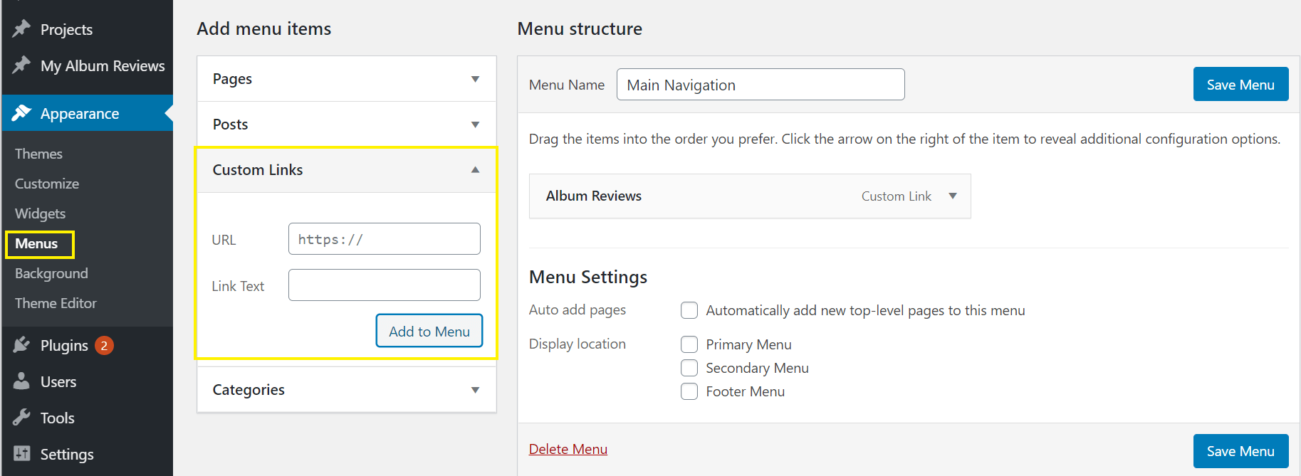 Adding a custom post type to the main navigation menu.