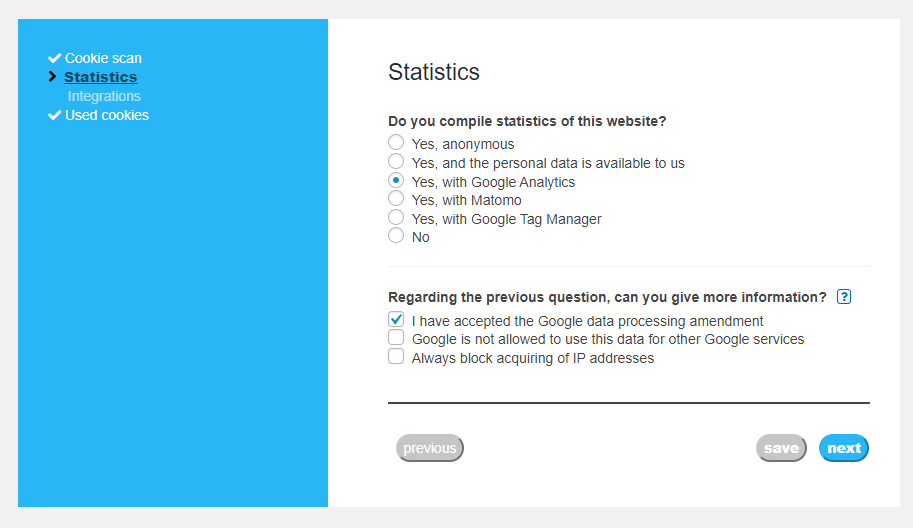 Selecting which analytics solution you use on your site.