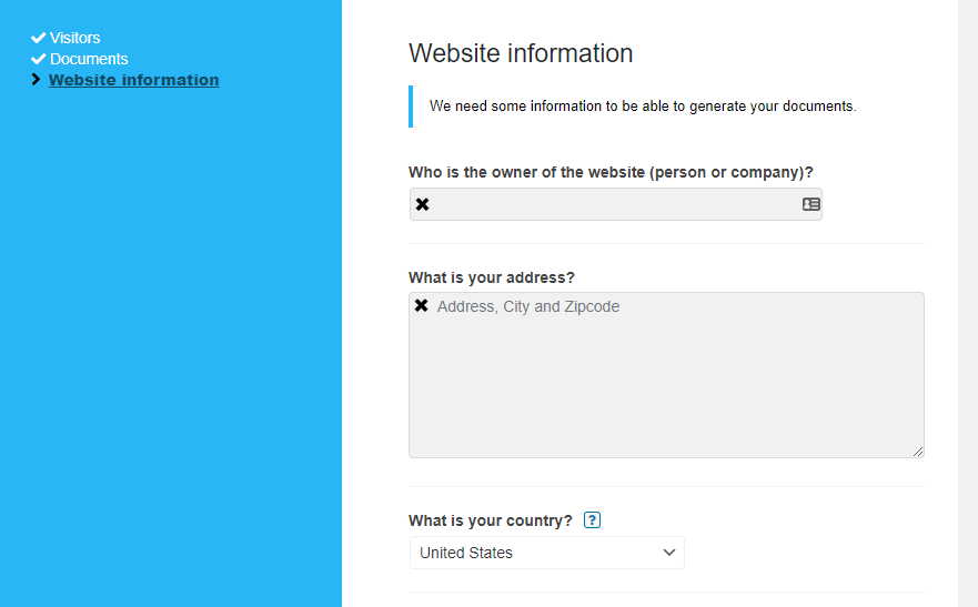 Filling out some basic information about your website.