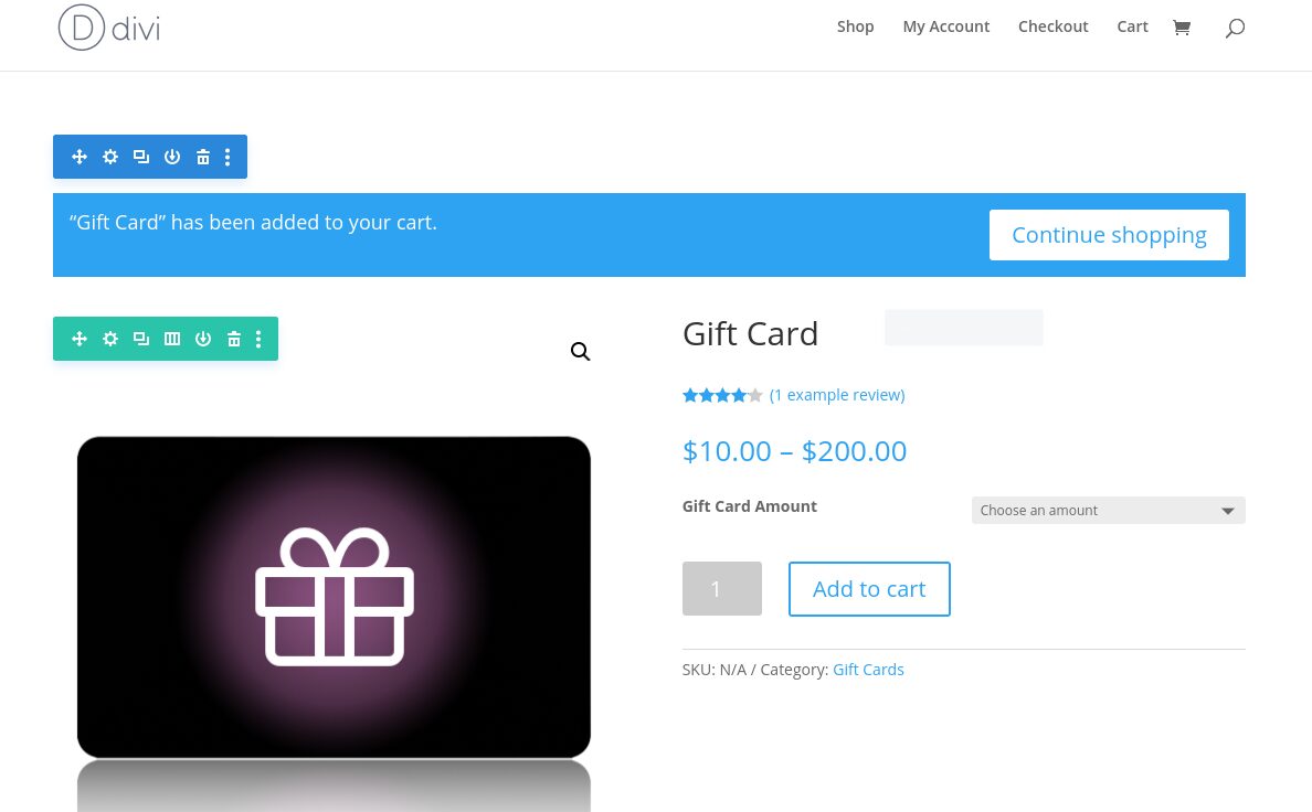 Editing the WooCommerce gift cards product page with the Divi Builder.