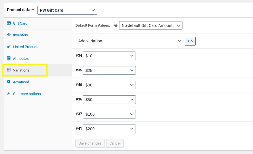 The gift card variations tab in WooCommerce.