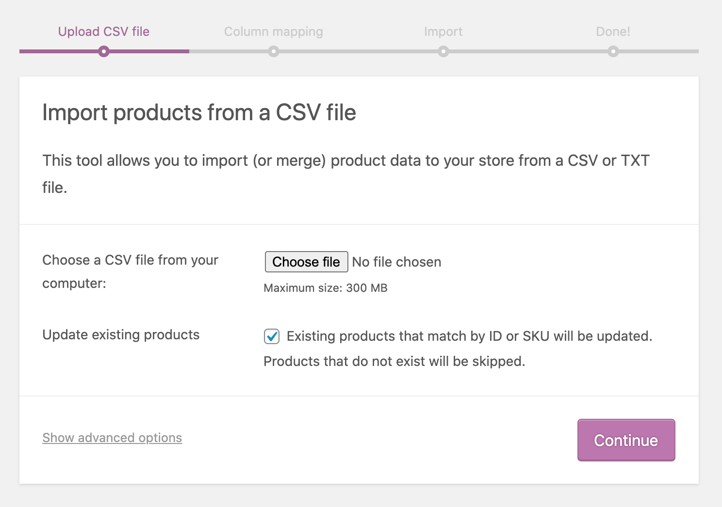 Uploading a WooCommerce CSV import file. 