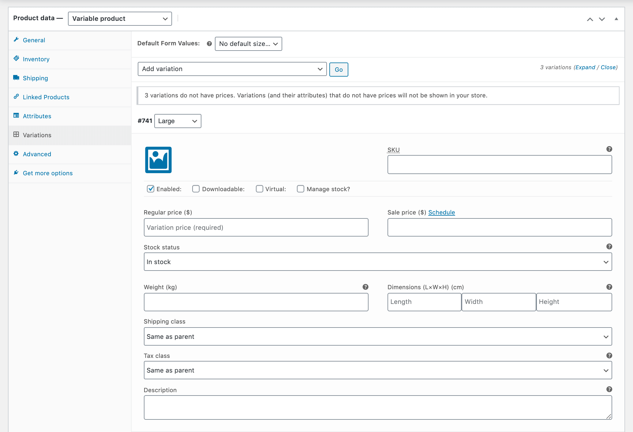 Adding product data for each variation.