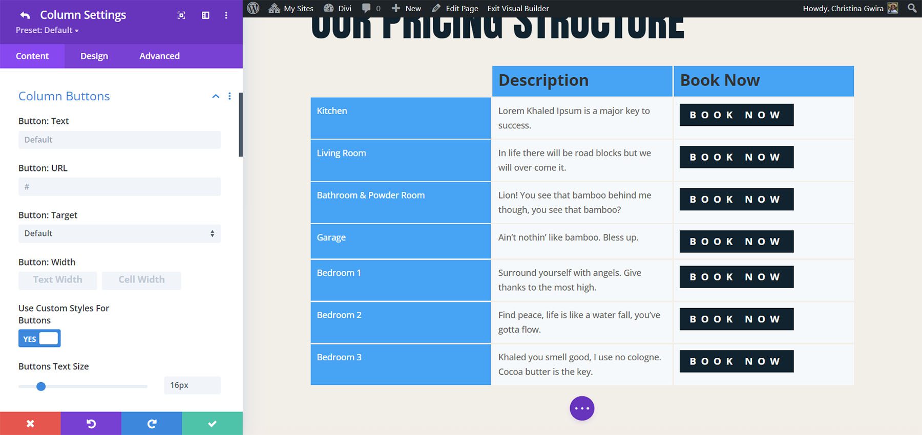 Customize table button