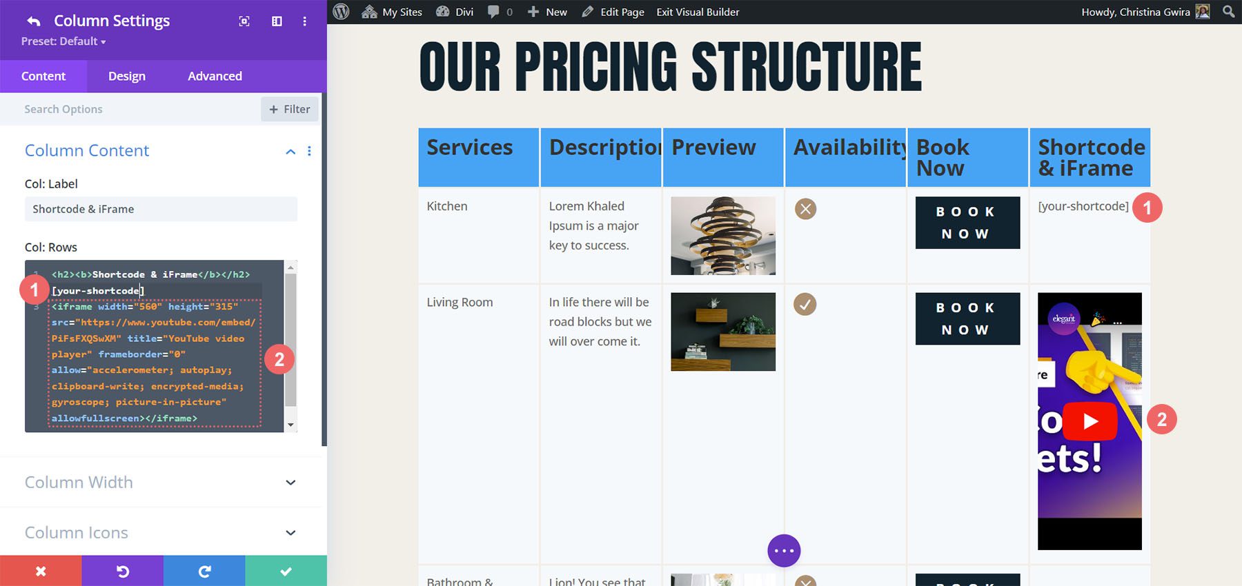 Using shortcodes and embed codes within the Divi Table Maker module