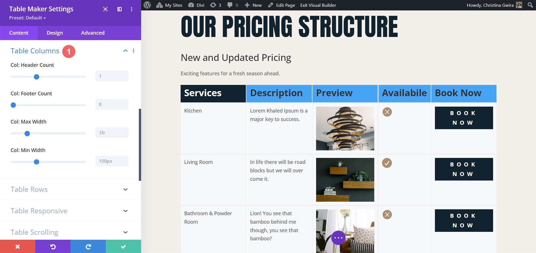 Table Columsn within Divi Table Maker