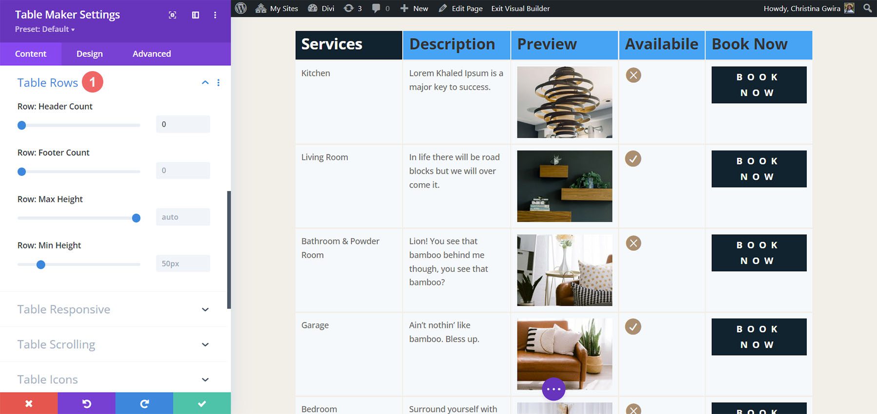 Table rows in Divi Table Maker