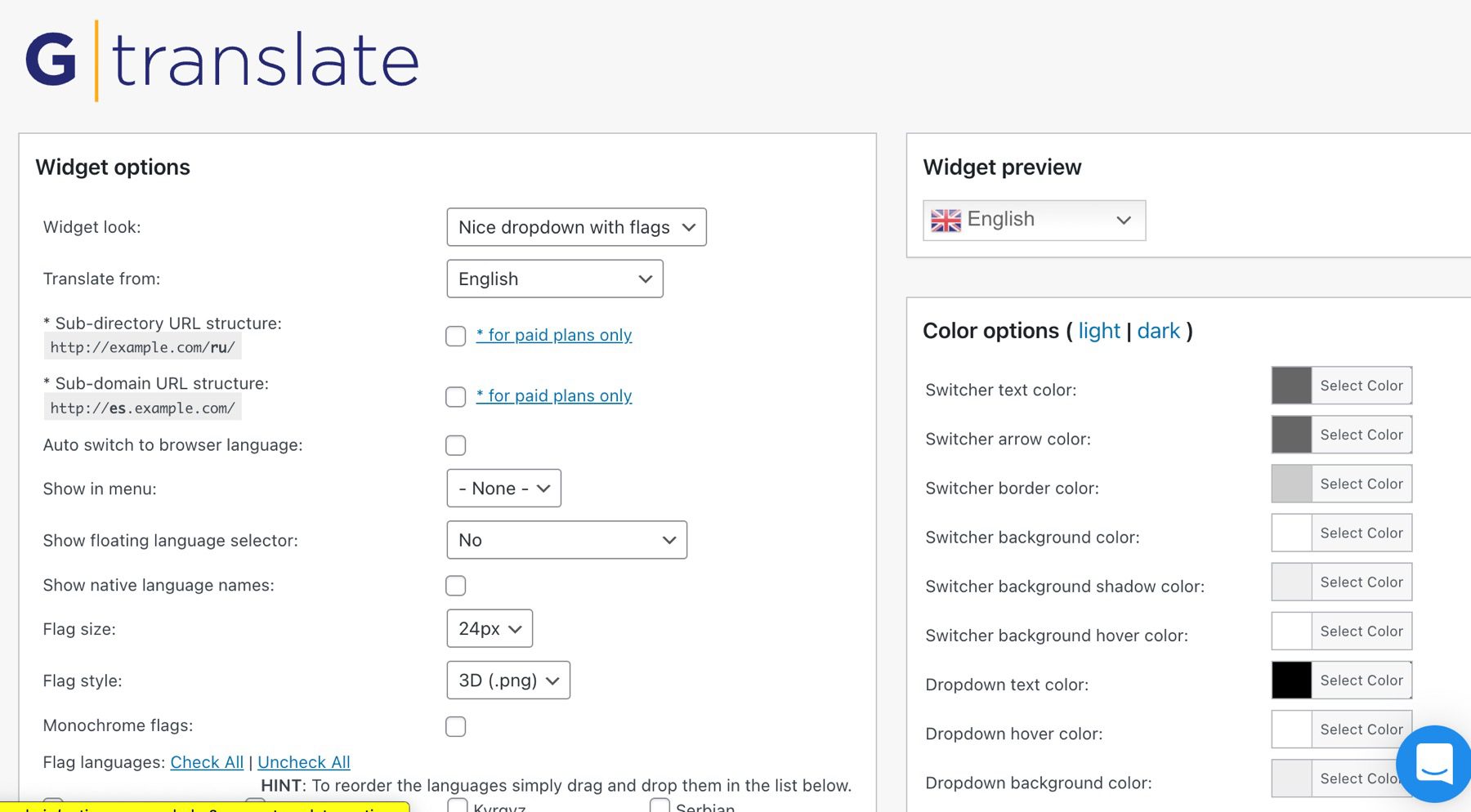 Gtranslate settings page