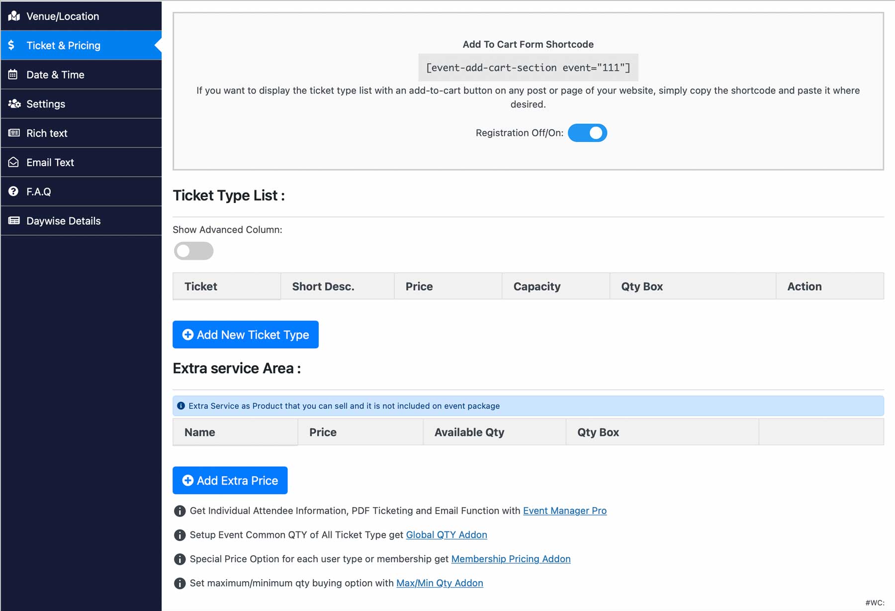 Configuring event tickets for sale