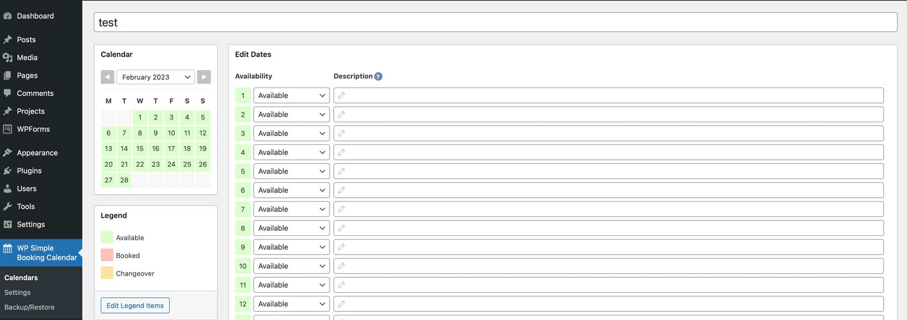 The WP Simple Booking Calendar plugin settings