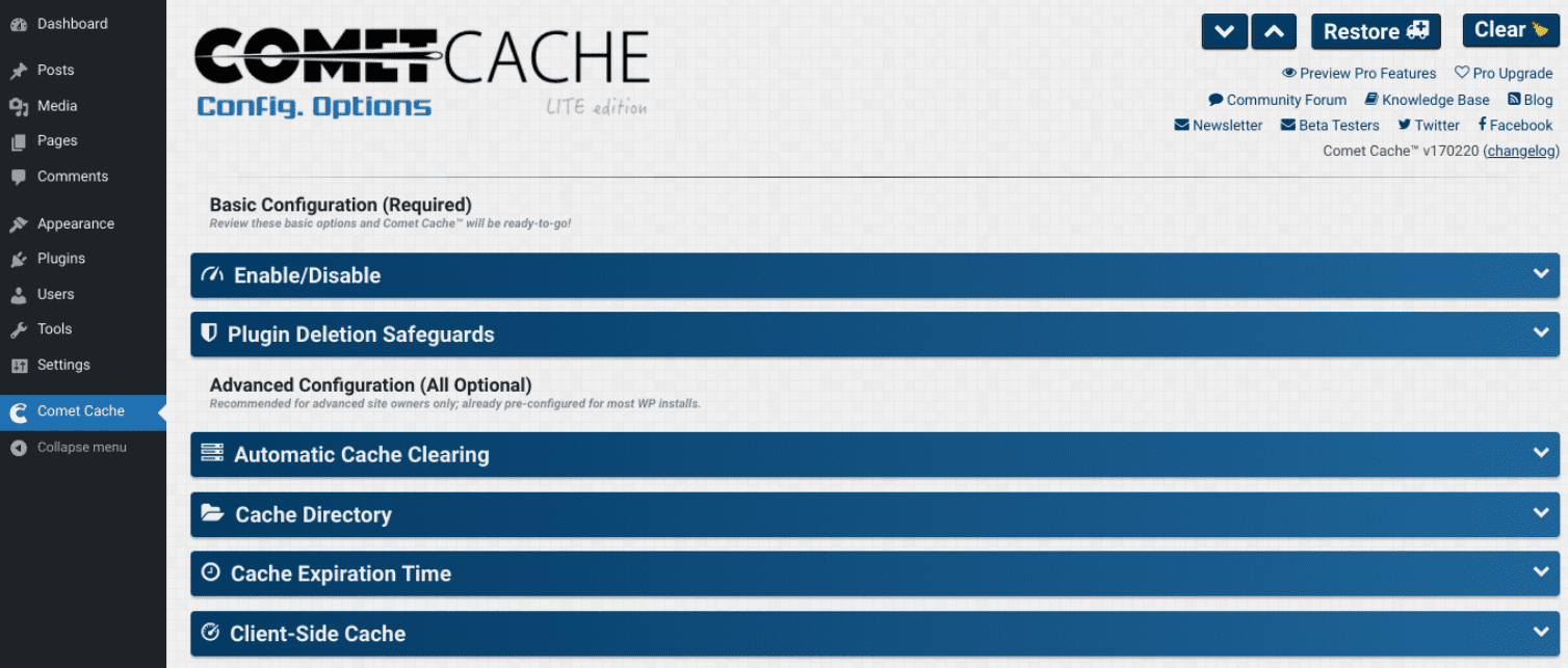 The Comet Cache plugin settings.