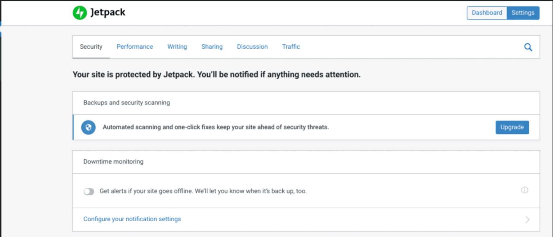 The Jetpack plugin settings.