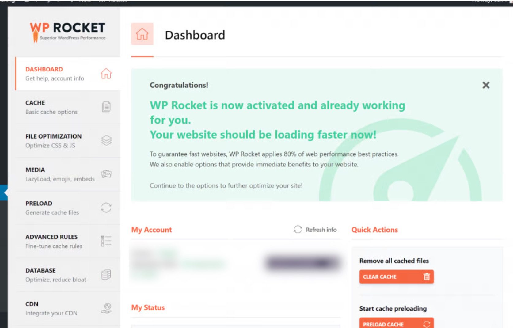 WP Rocket dashboard