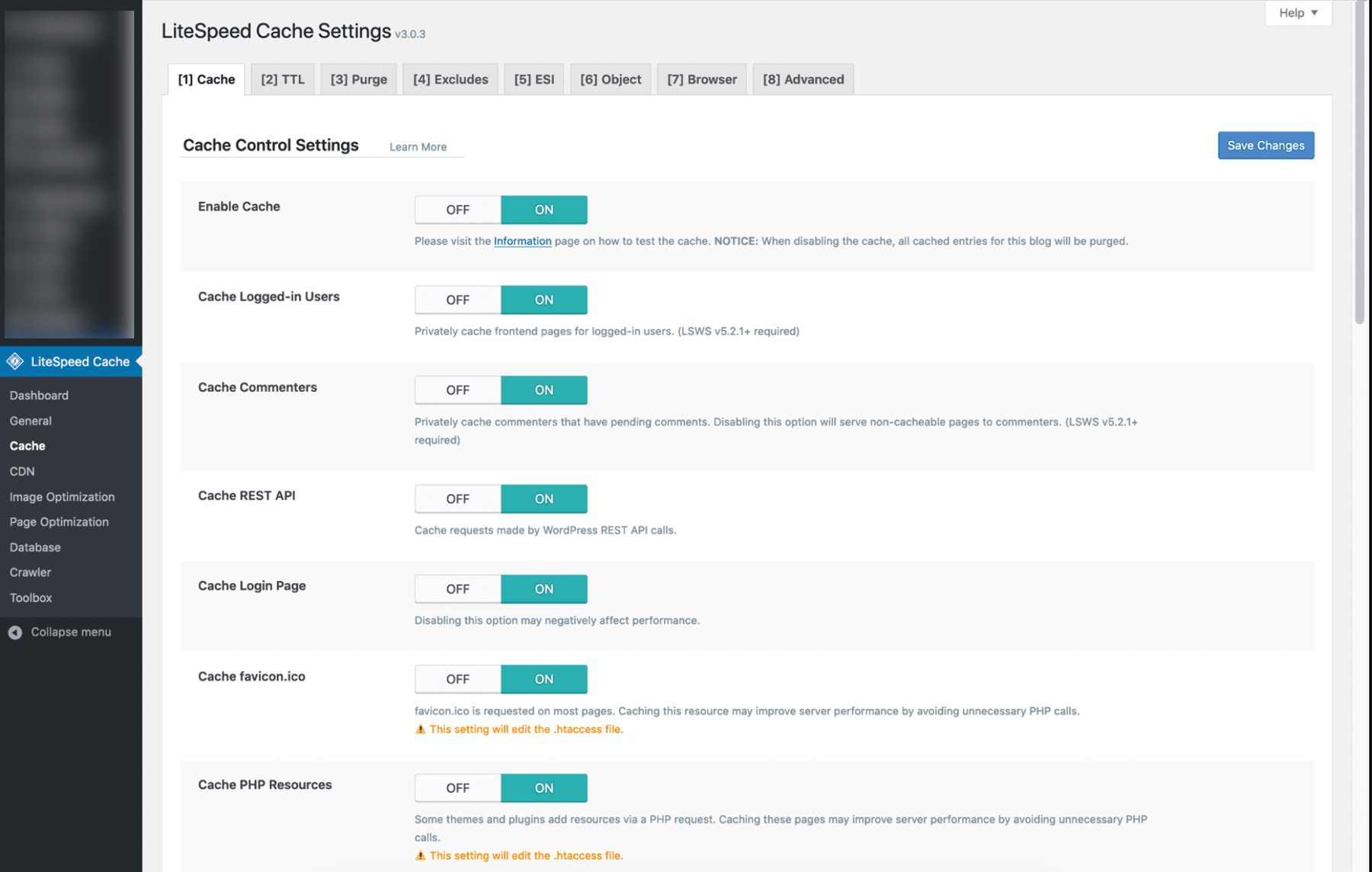 LiteSpeed Cache settings in dashboard