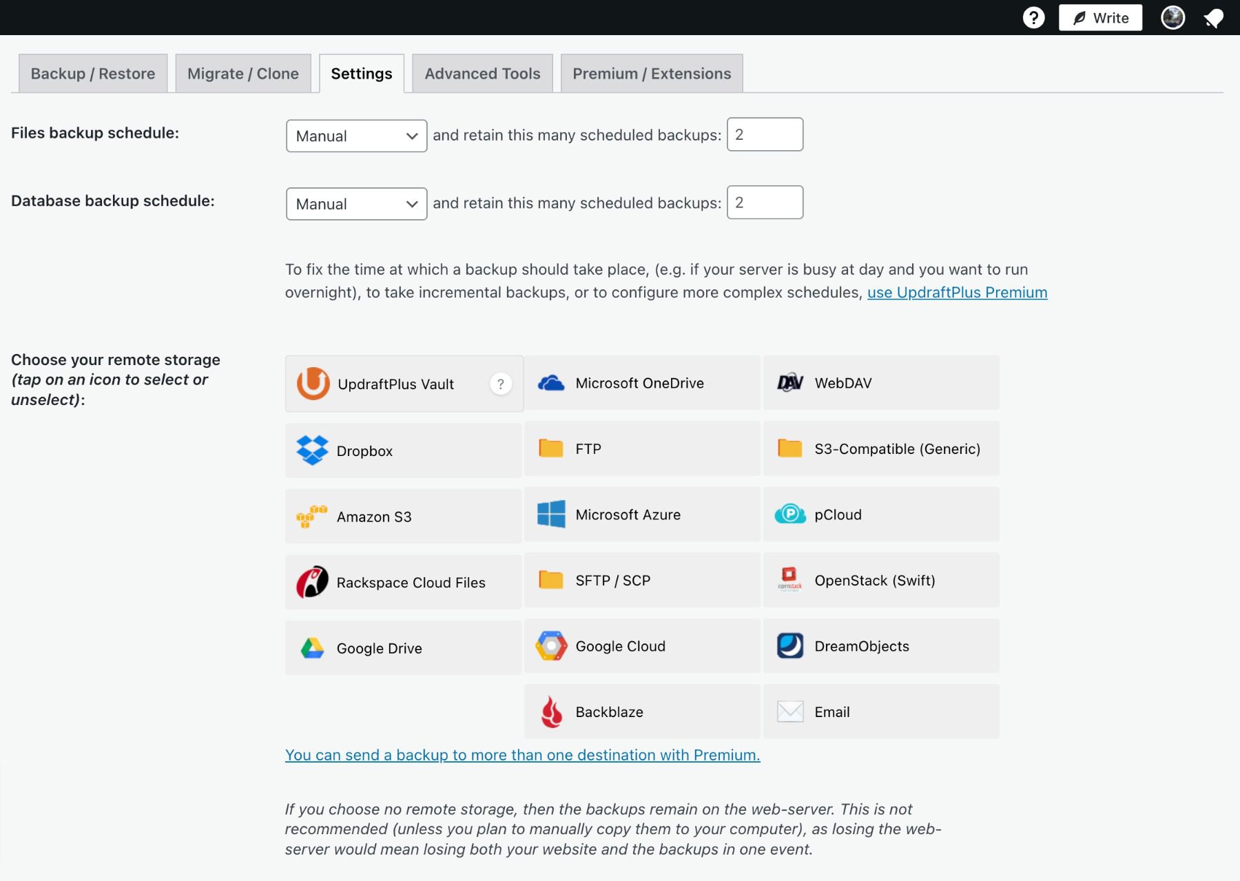 Configuring a backup with updraftplus