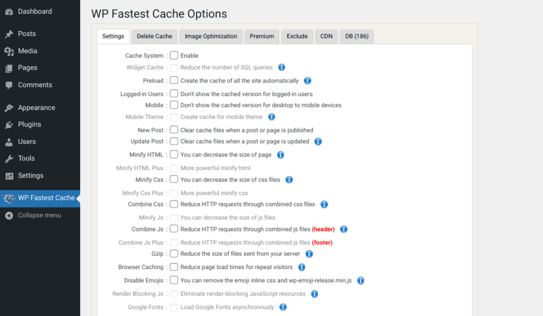 The WP Fastest Cache plugin settings.