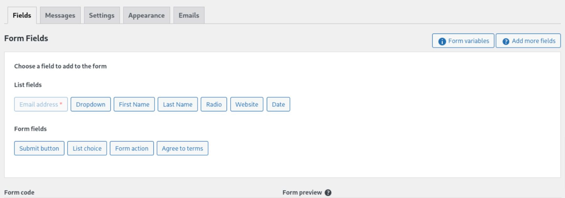 The Mailchimp form builder interface.