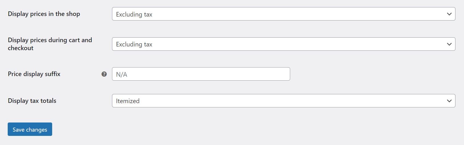 Display prices options in WooCommerce taxes settings