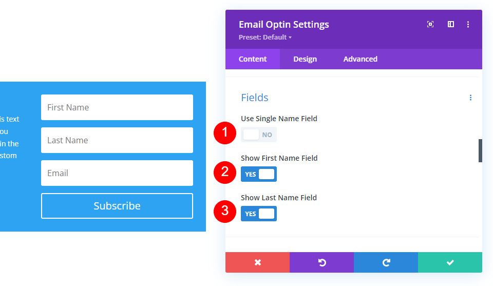 Divi Email Optin Field Settings