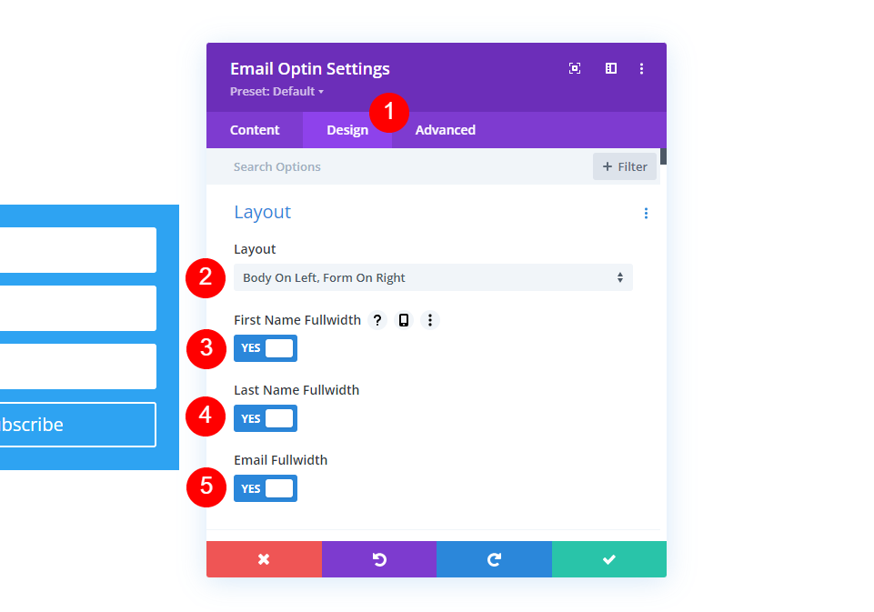 Divi Email Optin Module Layout Settings