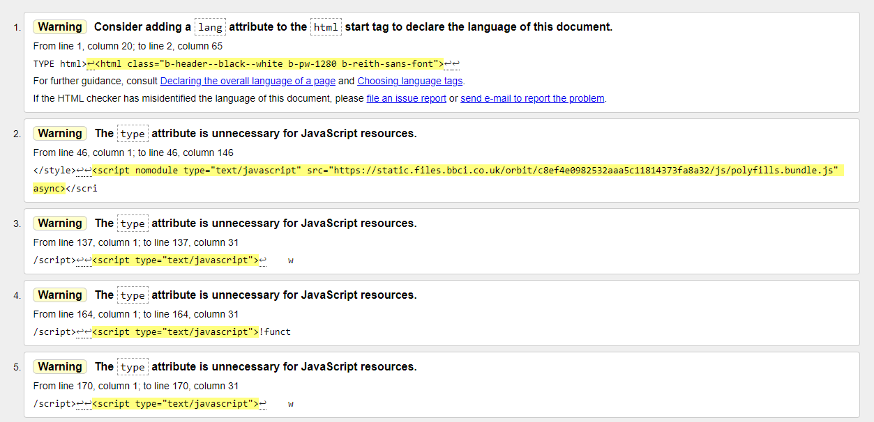 The results generated by the W3C validator