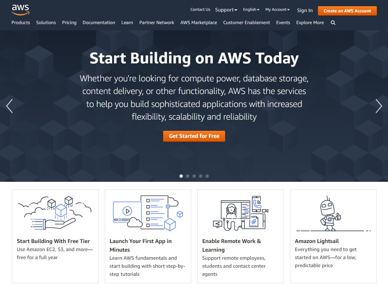 Amazon AWS homepage