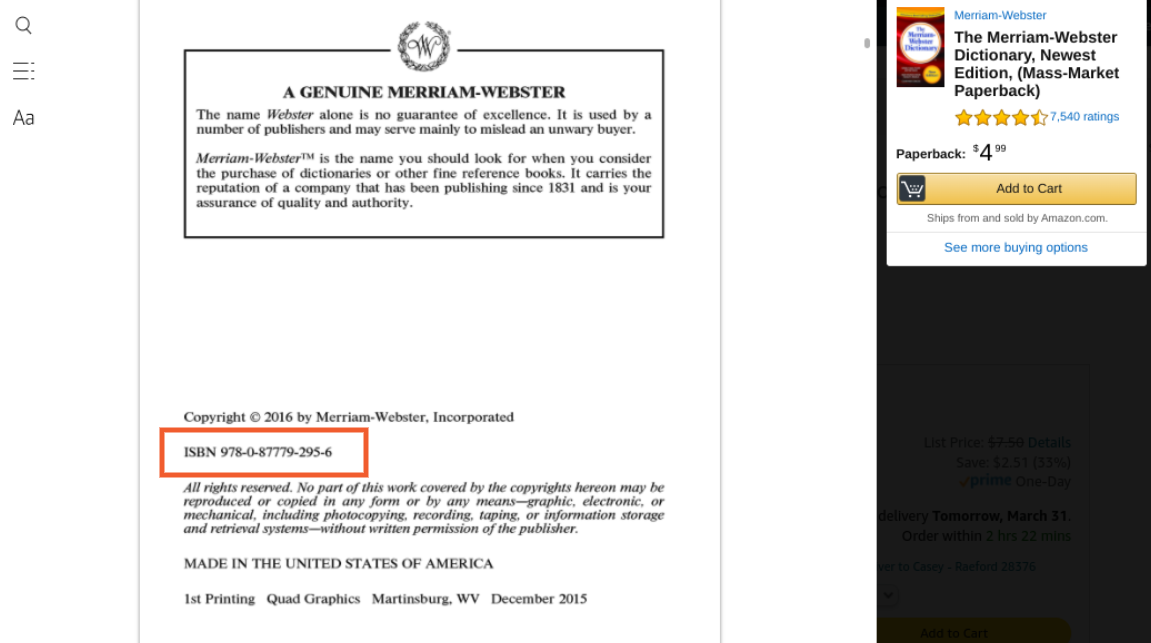 The ISBN number printed in The Merriam-Webster Dictionary copyright page.