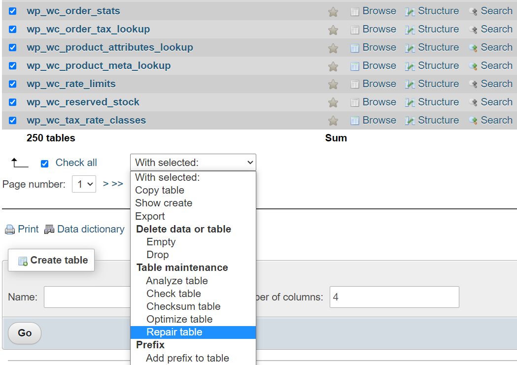 Repairing a WordPress database table using phpMyAdmin