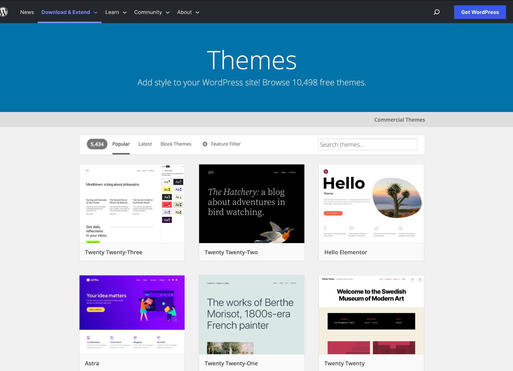 Themes page