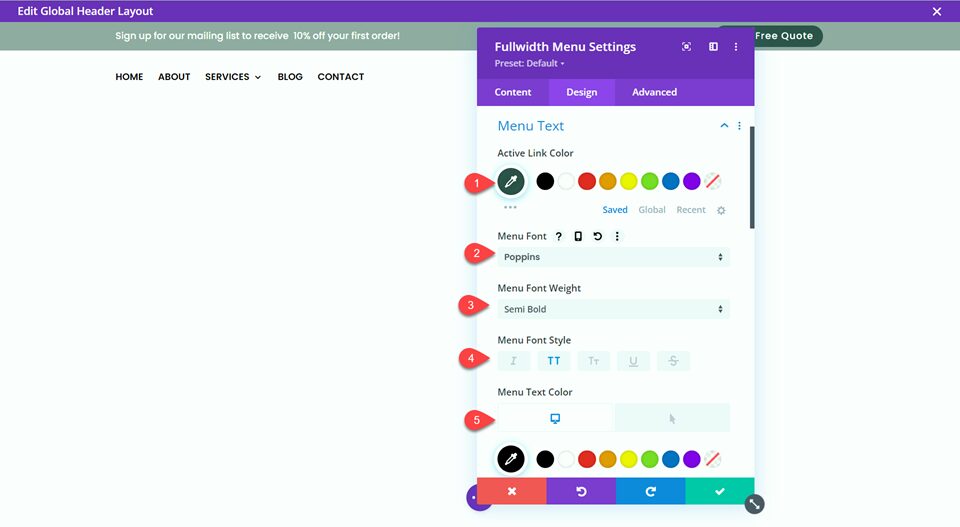 Divi Global Header With Fullwidth Menu Font Settings