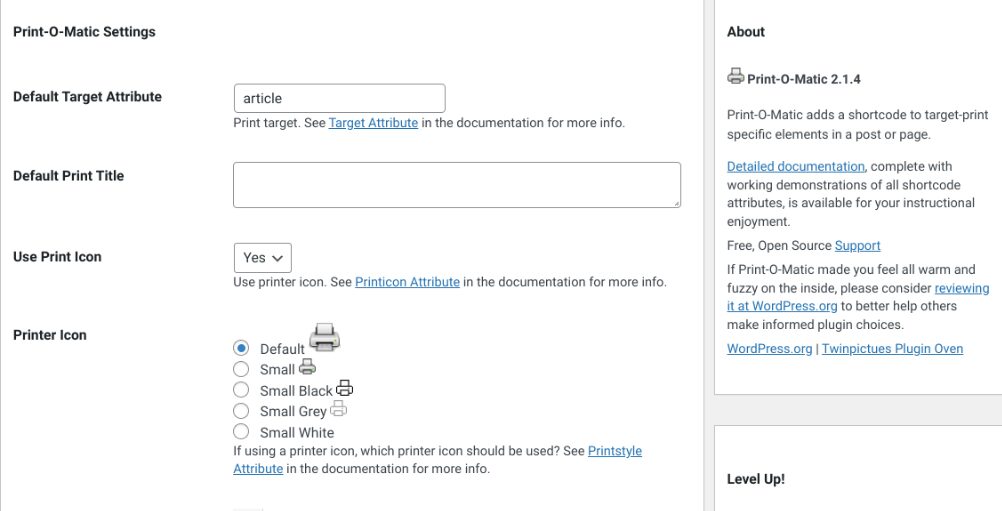 The Print-O-Matic print button settings.