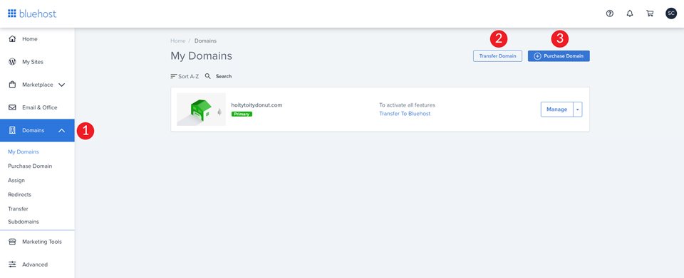 Bluehost Hosting Domain Dashboard