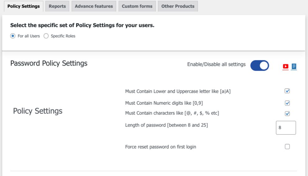 The password policy settings page.