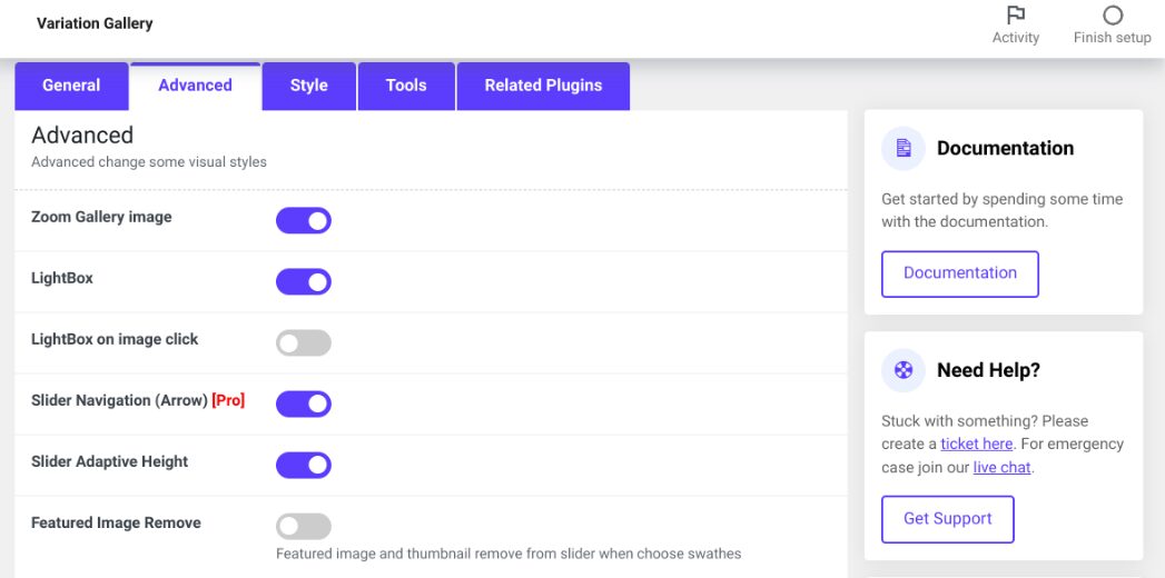 The Variation Image Gallery for WooCommerce plugin advanced settings.