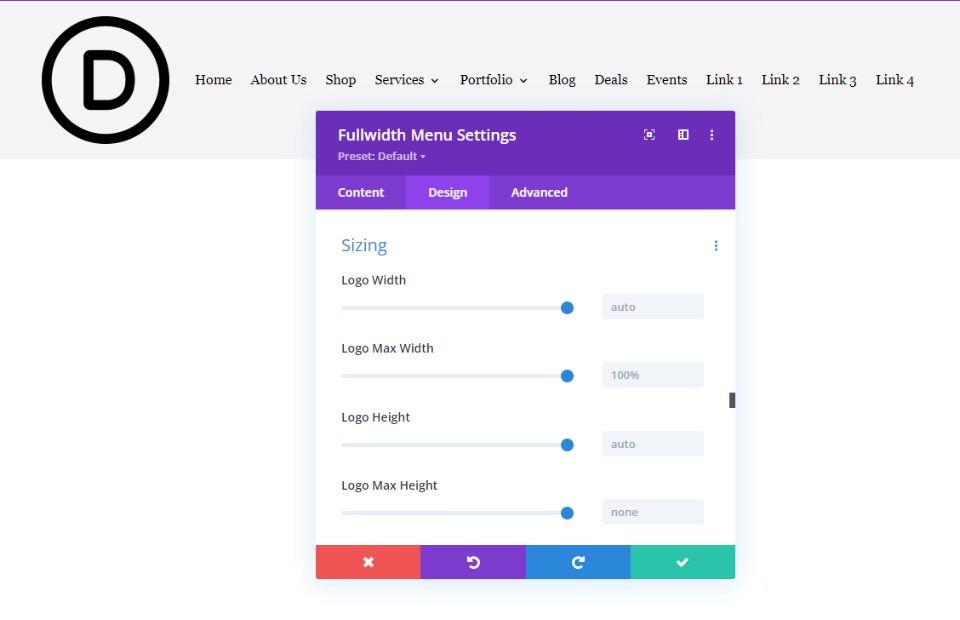 Fullwidth Menu Module Logo Sizing Settings