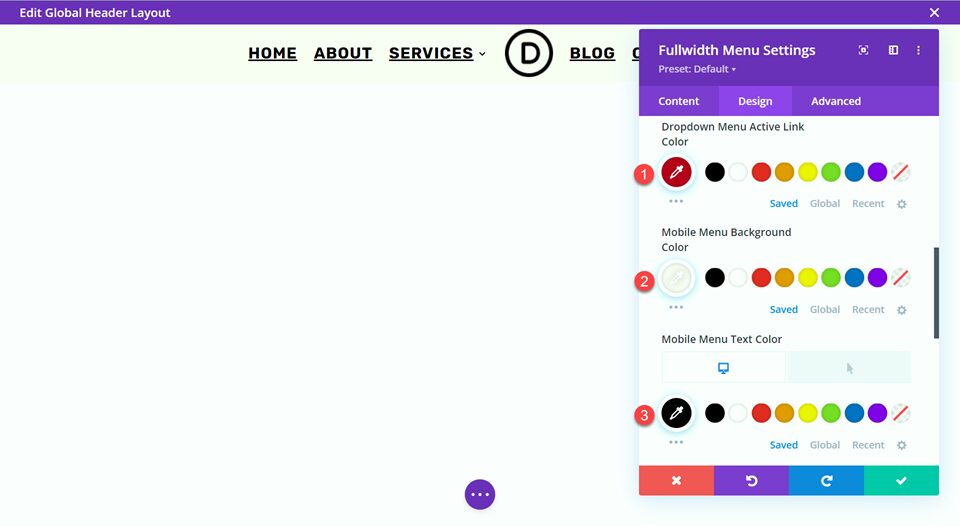 Divi Style Cart Search Icons Fullwidth Menu Layout 1 Color Settings