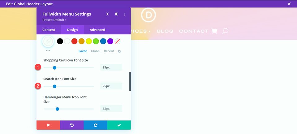 Divi Style Cart Search Icons Fullwidth Menu Layout 2 Icon Size