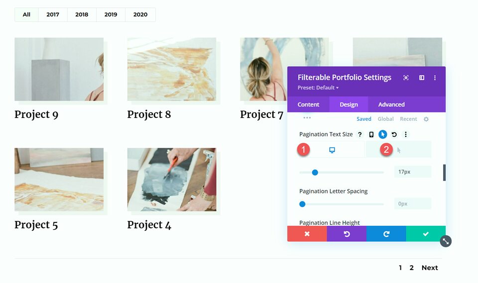 Divi Filterable Portfolio Pagination Style 1 Text Size