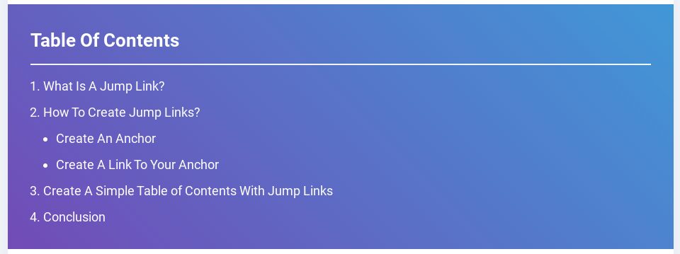 An example of a table of contents using jump links.