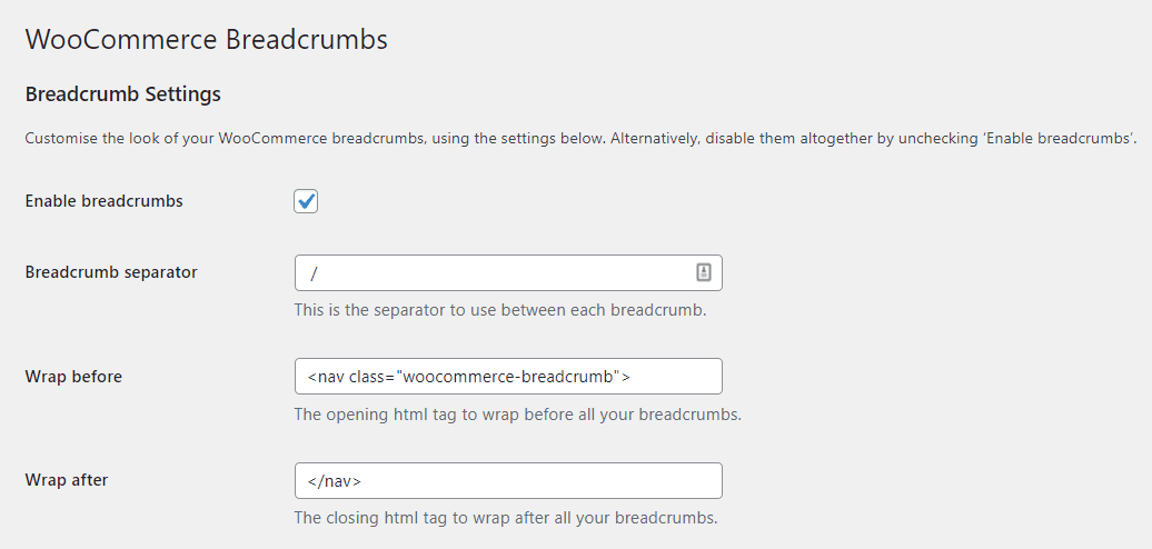 Configuring the WooCommerce Breadcrumbs plugin