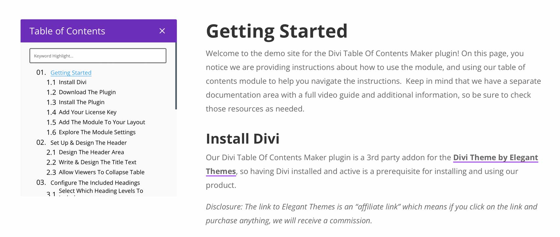 Divi table of contents maker demo
