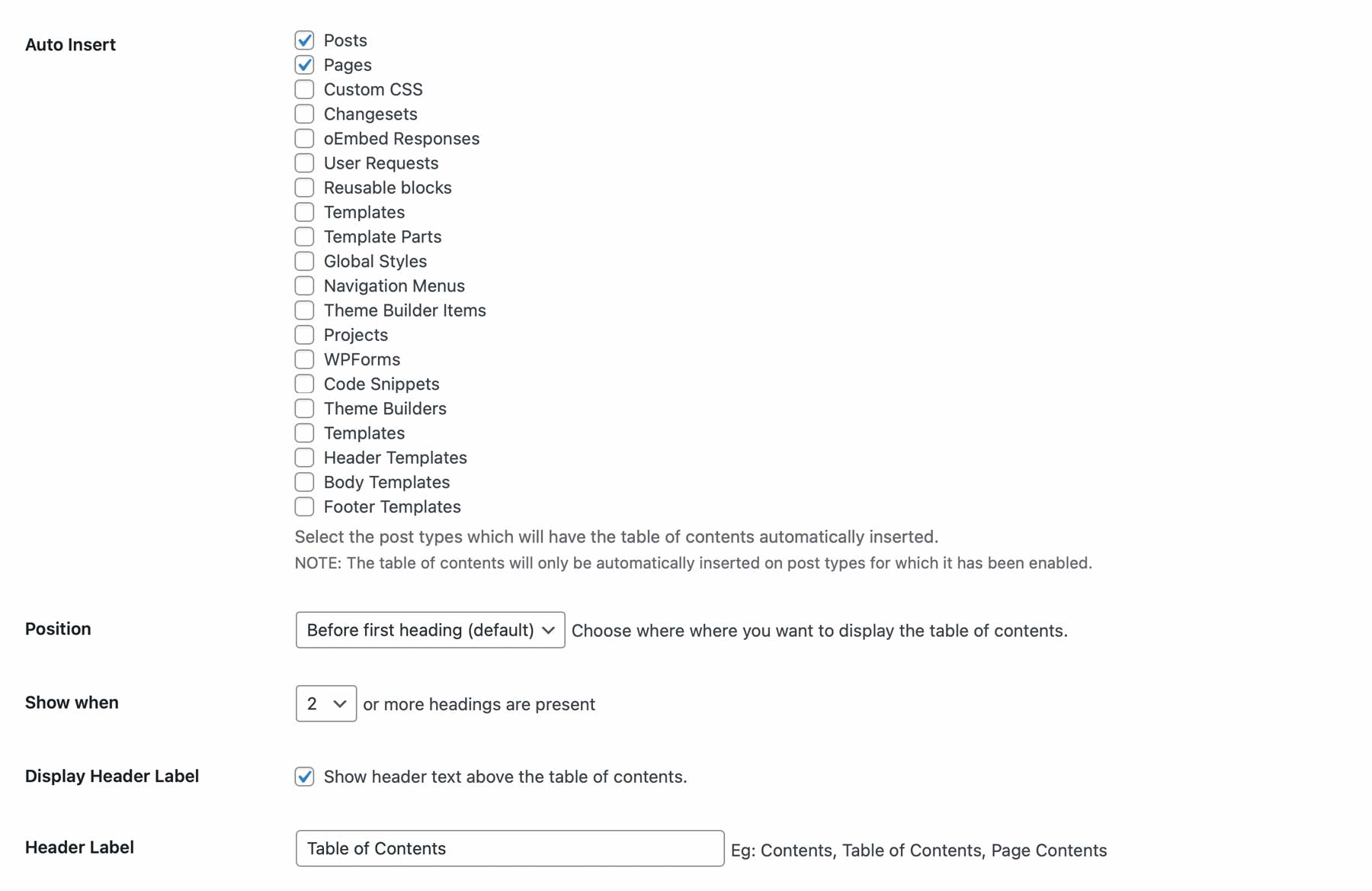 Easy Table of Contents settings