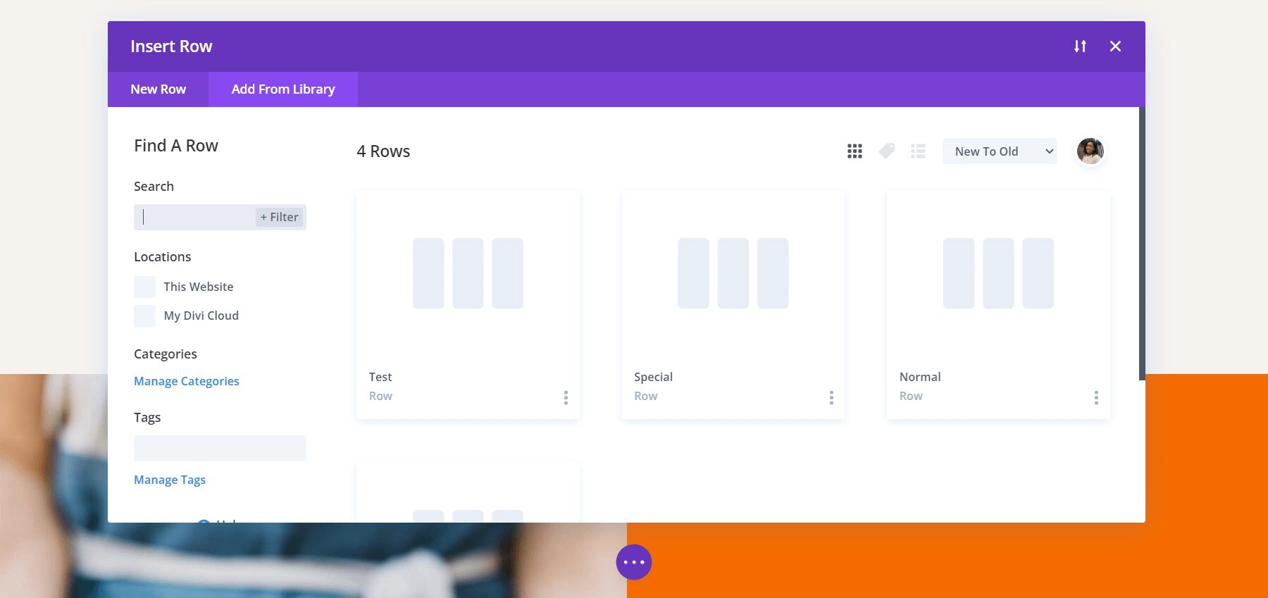 The Divi Row Library within the Divi Layout Library