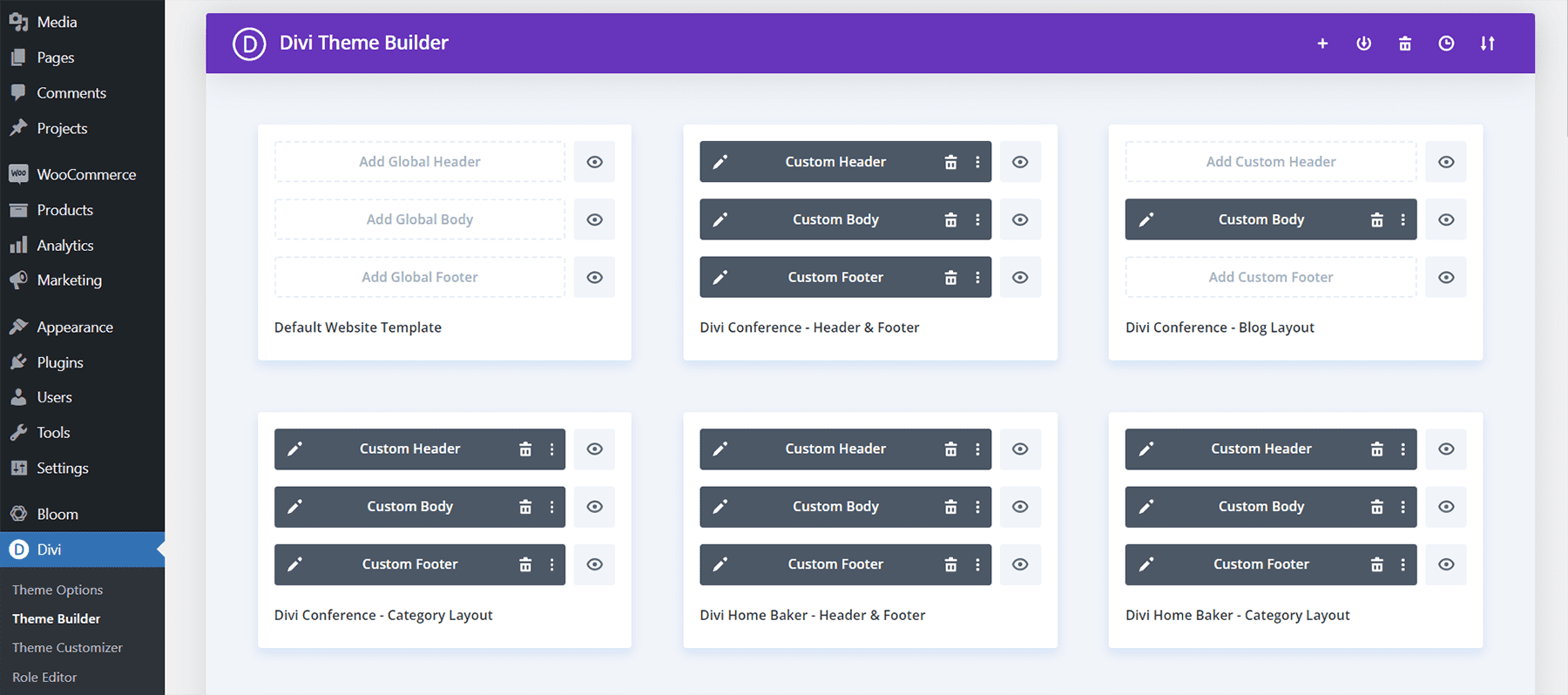 A cross-section of a Divi Theme Builder with multiple templates